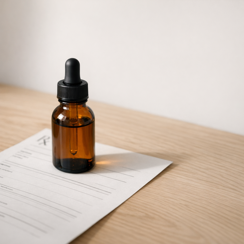 Frasco de medicamento à base de Cannabis ao lado de prescrição médica sobre mesa de madeira clara, representando o acesso ao tratamento no contexto do Direito à Saúde.